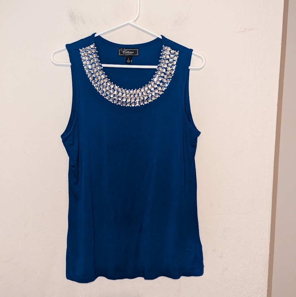 NWOTCollection Dressbarn Blue With Faux Pearls And Diamonds Tank Top Size Large